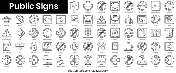 Conjunto de iconos de signos públicos de esquema. Conjunto de iconos de la web lineal delgada y minimalista. ilustración vectorial.