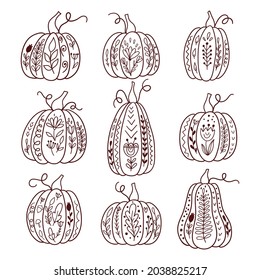 Set of outline pumpkins with floral decorative elements. Symbols for autumn decorative design, halloween invitation, harvest, Thanksgiving greeting cards.