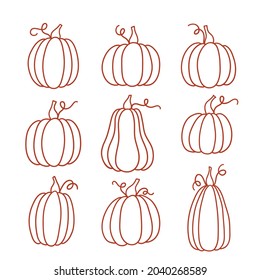 Set of outline pumpkins in various shapes. Elements for autumn decorative design, halloween invitation, harvest, Thanksgiving greeting cards.