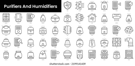 Conjunto de purificadores de contorno e iconos humidificadores. Conjunto de iconos web lineales delgados y minimalistas. ilustración vectorial.