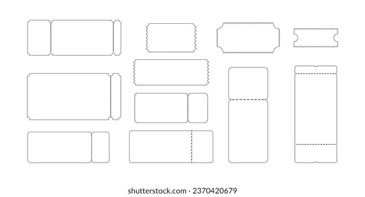 Set of outline raffles or coupons icons. Tickets for boarding on airplane, concert, cinema, museum, festival, theater, circus, exhibition isolated on white background. Vector graphic illustration