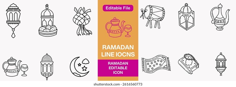 Set of outline Ramadan icons. Minimalist thin linear web icon set. vector illustration.