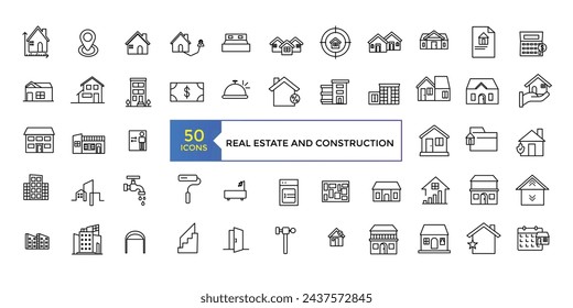 Conjunto de iconos de Inmobiliaria y Construcción. Conjunto de iconos de línea fina de trazo editable. Ilustración de vector