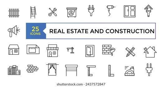 Set of outline Real Estate And Construction icons. Editable stroke thin line icons bundle. Vector illustration