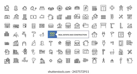 Set of outline Real Estate And Construction icons. Editable stroke thin line icons bundle. Vector illustration