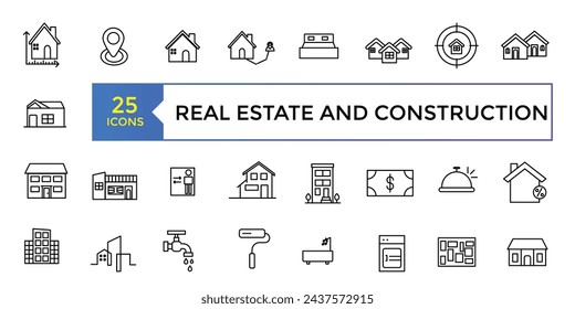 Set of outline Real Estate And Construction icons. Editable stroke thin line icons bundle. Vector illustration