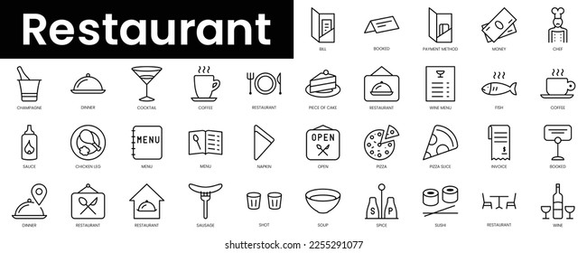 Set von Umriss-Restaurant-Symbolen. Minimalistischer Thin Linear Web Icon Set. Vektorgrafik.