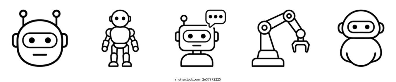 Set of outline robot icons including chatbot, humanoid robot, AI assistant, robotic arm, and cute bot in black stroke style. Perfect for AI, robotics, and future tech concepts.