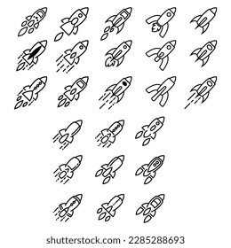 Set of outline rocket ship with fire. Flat line icon. Vector illustration with flying rocket. Space travel. Project start up sign. Creative idea symbol. 