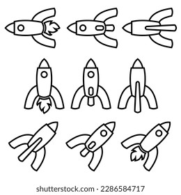 Set of outline rocket ship with fire. Flat line icon. Vector illustration with flying rocket. Space travel. Project start up sign. Creative idea symbol. 