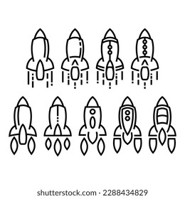 Set of outline rocket ship with fire. Flat line icon. Vector illustration with flying rocket. Space travel. Project start up sign. Creative idea symbol. 