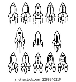 Set of outline rocket ship with fire. Flat line icon. Vector illustration with flying rocket. Space travel. Project start up sign. Creative idea symbol. 