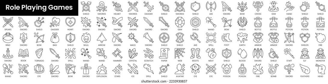 Set of outline role playing games icons. Minimalist thin linear web icon set. vector illustration.