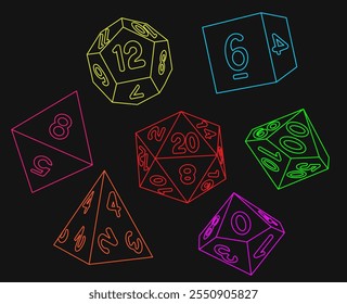 Set of Outline RPG Dice 3D Shapes Neon Collored