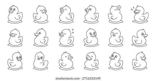 Conjunto de patos de goma de contorno en diferentes poses. Arte de línea de Vector simple para colorear páginas, Clipart y proyectos para niños.