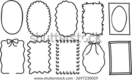 Set of outline scallop frame border in doodle style. Retro frame with wavy border. Brush hand drawn oval and rectangle