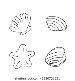 Set outline Sea shells and starfish . Vector icon. Concept the world day ocean, sea, mollusk. Simple
