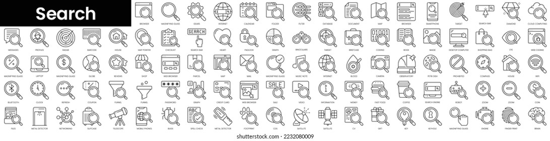 Set of outline search icons. Minimalist thin linear web icon set. vector illustration.