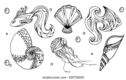 Set of outline seashells, fish and jellyfish, decorated boho pattern. Vector element for your creativity