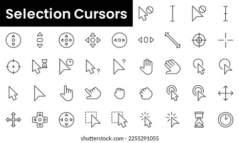 Conjunto de iconos de cursores de selección de esquema. Conjunto de iconos de la web lineal delgada y minimalista. ilustración vectorial.