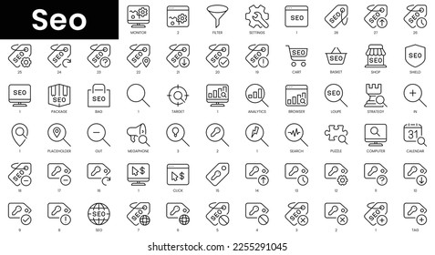 Set of outline seo icons. Minimalist thin linear web icon set. vector illustration.