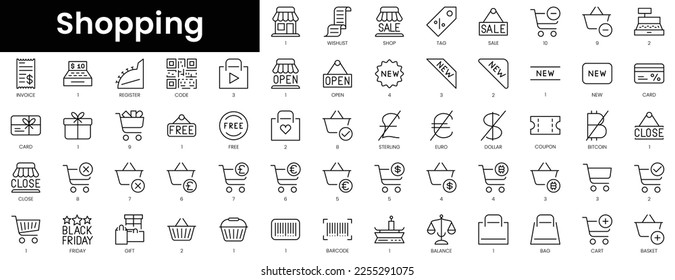 Set of outline shopping icons. Minimalist thin linear web icon set. vector illustration.