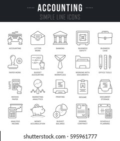 Set of outline signs and symbols of accounting. Collection vector thin line icons and infographics elements. Simple linear pictogram pack for web graphics and apps.
