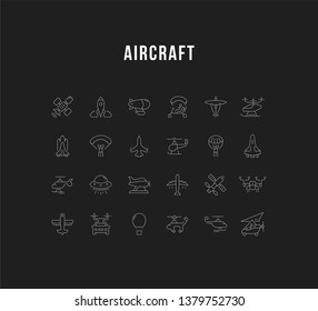 Set of outline signs and symbols of aircraft. Collection vector thin line icons and infographics elements. Simple linear pictogram pack for web graphics and apps.