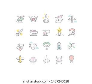 Set of outline signs and symbols of aircraft. Collection vector thin line icons and infographics elements. Simple linear pictogram pack for web graphics and apps.