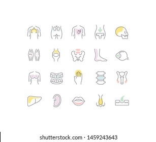 Set of outline signs and symbols of anatomy. Collection vector thin line icons and infographics elements. Simple linear pictogram pack for web graphics and apps.