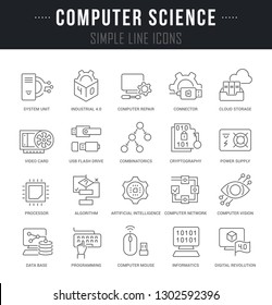 Set of outline signs and symbols of computer science with names. Collection vector thin line icons and infographics elements. Simple linear pictogram pack for web graphics and apps.