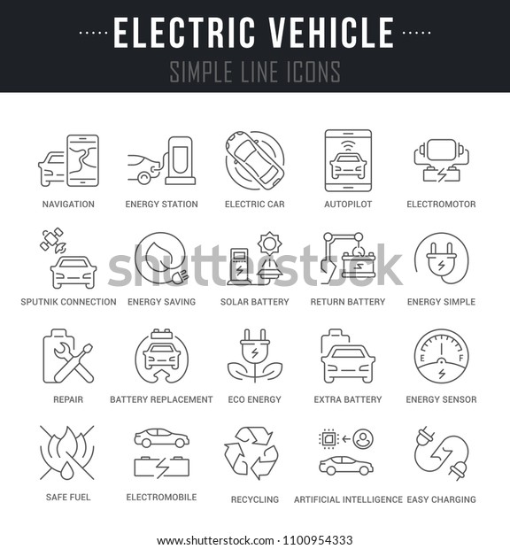 Set of\
outline signs and symbols of electric vehicle with names.\
Collection vector thin line icons and infographics elements. Simple\
linear pictogram pack for web graphics and\
apps.