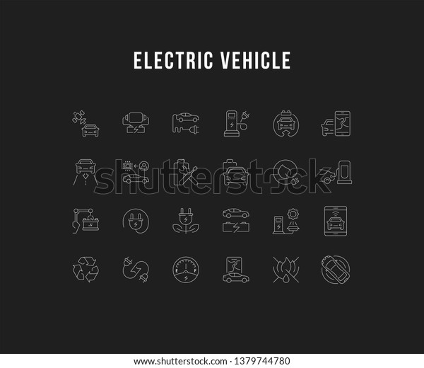 Set of outline signs and\
symbols of electric vehicle. Collection vector thin line icons and\
infographics elements. Simple linear pictogram pack for web\
graphics and apps.