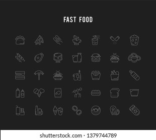 Set of outline signs and symbols of fast food. Collection vector thin line icons and infographics elements. Simple linear pictogram pack for web graphics and apps.