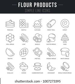 Set of outline signs and symbols of flour products with names. Collection vector thin line icons and infographics elements. Simple linear pictogram pack for web graphics and apps.