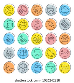 Set of outline signs and symbols of flour products. Collection vector line icons with colored circles. Simple linear pictogram pack for web graphics.