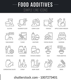 Set of outline signs and symbols of food additives with names. Collection vector thin line icons and infographics elements. Simple linear pictogram pack for web graphics and apps.