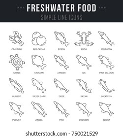 Set of outline signs and symbols of freshwater food with names. Collection vector thin line icons and infographics elements. Simple linear pictogram pack for web graphics and apps.