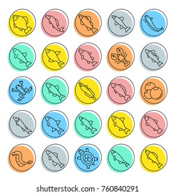 Set of outline signs and symbols of freshwater fish. Collection vector line icons with colored circles. Simple linear pictogram pack for web graphics.