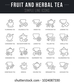 Set of outline signs and symbols of fruit and herbal tea with names. Collection vector thin line icons and infographics elements. Simple linear pictogram pack for web graphics and apps.