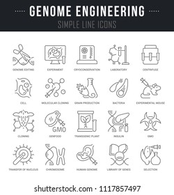 Set of outline signs and symbols of genome engineering with names. Collection vector thin line icons and infographics elements. Simple linear pictogram pack for web graphics and apps.