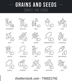 Set of outline signs and symbols of grains and seeds with names. Collection vector thin line icons and infographics elements. Simple linear pictogram pack for web graphics and apps.