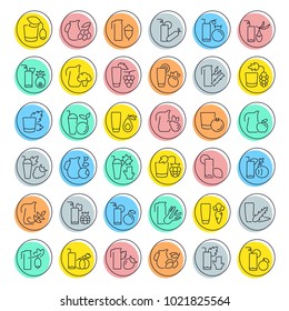 Set of outline signs and symbols of juices. Collection vector line icons with colored circles. Simple linear pictogram pack for web graphics.