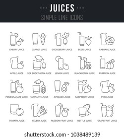 Set of outline signs and symbols of juices with names. Collection vector thin line icons and infographics elements. Simple linear pictogram pack for web graphics and apps.