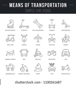 Set of outline signs and symbols of means of transportation with names. Collection vector thin line icons and infographics elements. Simple linear pictogram pack for web graphics and apps.