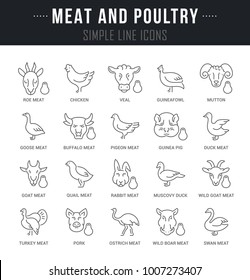 Set of outline signs and symbols of meat and poultry with names. Collection vector thin line icons and infographics elements. Simple linear pictogram pack for web graphics and apps.