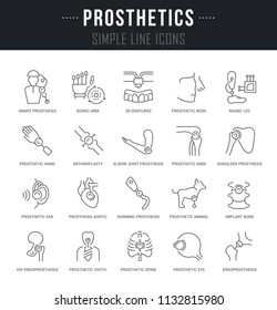 Set of outline signs and symbols of prosthetics with names. Collection vector thin line icons and infographics elements. Simple linear pictogram pack for web graphics and apps.