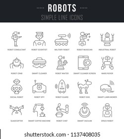 Set of outline signs and symbols of robots with names. Collection vector thin line icons and infographics elements. Simple linear pictogram pack for web graphics and apps.
