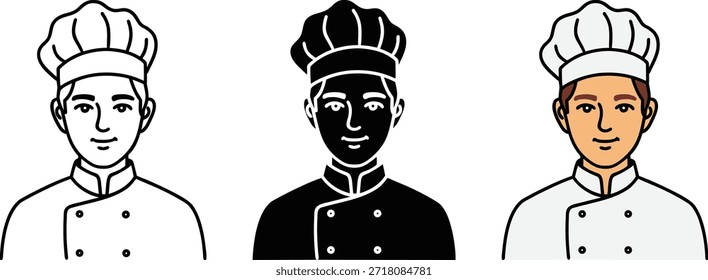 Conjunto de contorno, silhueta e design plano de ícone de padeiro inteligente ilustração, personagem de desenho animado profissional plano em uniforme isolado no fundo branco.
