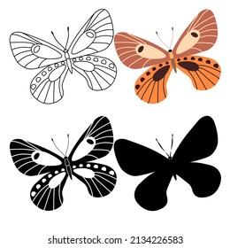 Set of outline silhouette insect butterflies